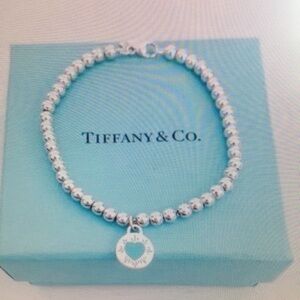 Tiffany & Co Silver Bead Heart Tag Bracelet on Blue Box